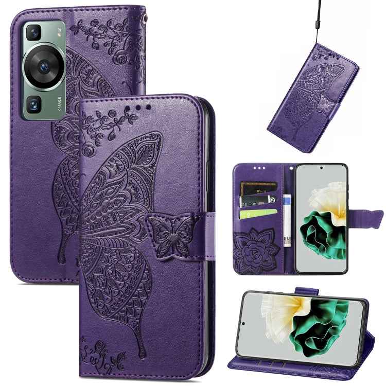 Butterfly Love Flower Embossed Leather Phone Case, For Huawei Nova 11 Pro, For Huawei Nova 11, For Huawei P60, For Huawei P60 Pro