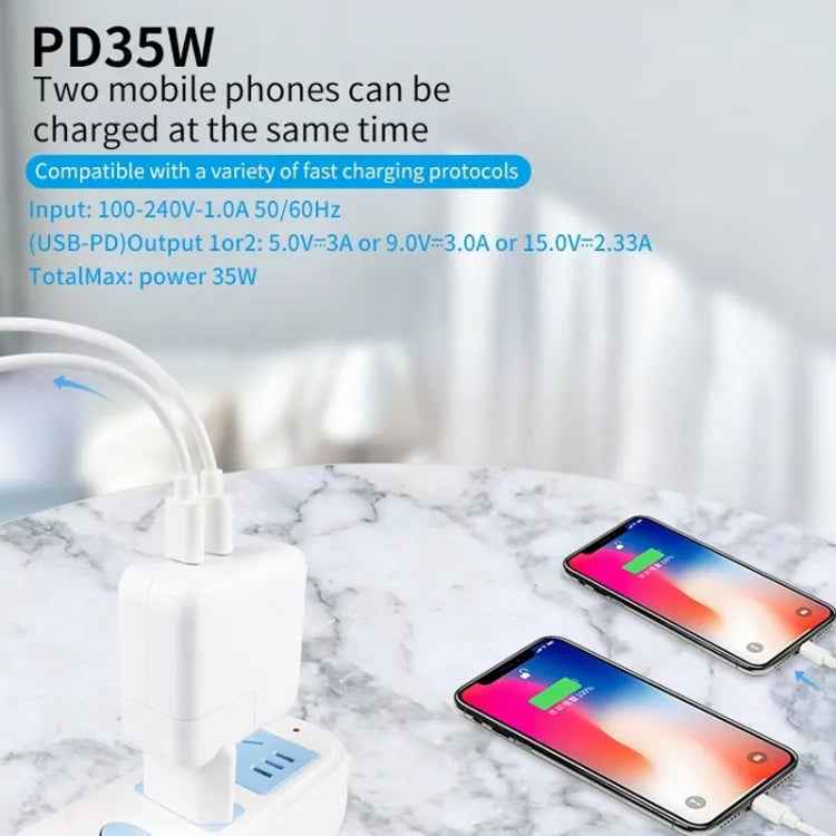 35W PD3.0 USB-C / Type-C Dual Port Charger with Type-C to 8 Pin Data Cable, US Plug