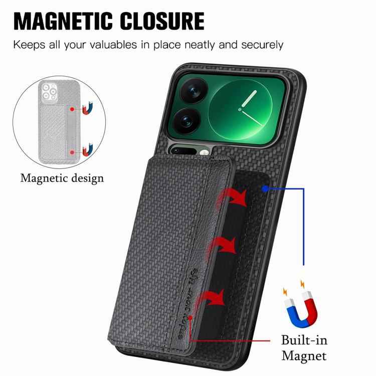 Carbon Fiber Magnetic Card Bag Phone Case, For Xiaomi 17 Pro Max, For Xiaomi 17 Pro, For Redmi 15C 5G / 4G Global 171mm, For Xiaomi 15T Pro, For Xiaomi 15T, For Redmi K80 Pro / Poco F7 Ultra, For Redmi K80 / Poco F7 Pro, For Redmi Turbo 4              ...