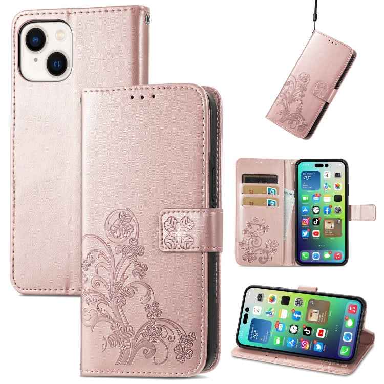 Four-leaf Clasp Embossed Buckle Leather Phone Case, For iPhone 15 Pro Max, For iPhone 15 Pro, For iPhone 15 Plus, For iPhone 15
