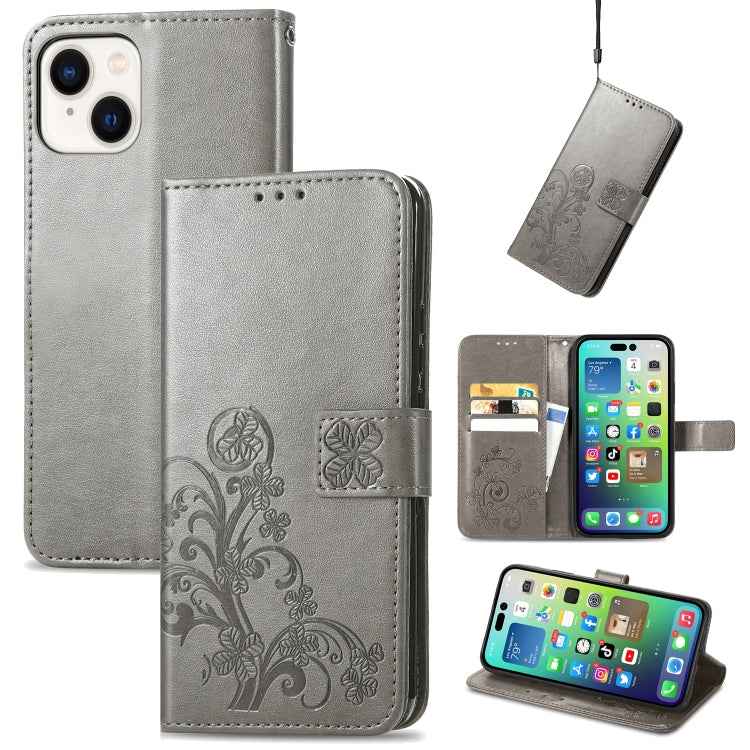 Four-leaf Clasp Embossed Buckle Leather Phone Case, For iPhone 15 Pro Max, For iPhone 15 Pro, For iPhone 15 Plus, For iPhone 15