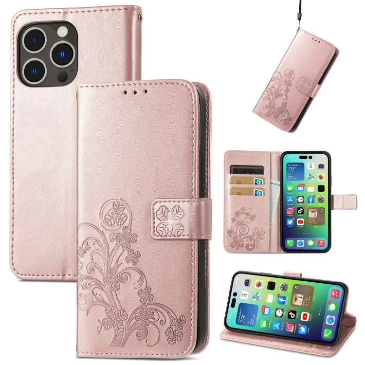 Four-leaf Clasp Embossed Buckle Leather Phone Case, For iPhone 18 Pro, For  iPhone 18 Pro Max, For iPhone 15 Pro Max, For iPhone 15 Pro, For iPhone 15 Plus, For iPhone 15