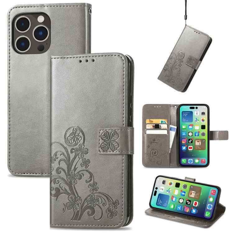 Four-leaf Clasp Embossed Buckle Leather Phone Case, For iPhone 15 Pro Max, For iPhone 15 Pro, For iPhone 15 Plus, For iPhone 15