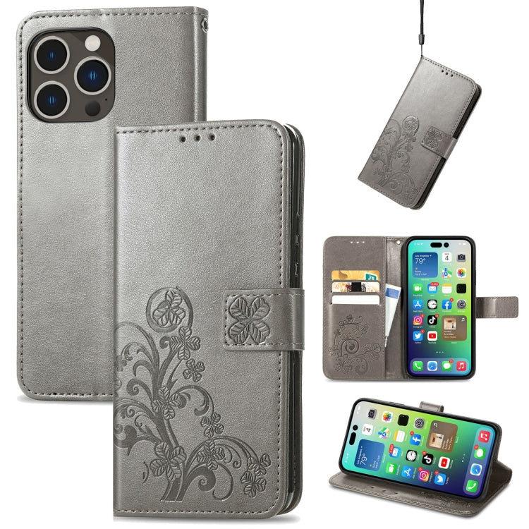 Four-leaf Clasp Embossed Buckle Leather Phone Case, For iPhone 18 Pro, For  iPhone 18 Pro Max, For iPhone 15 Pro Max, For iPhone 15 Pro, For iPhone 15 Plus, For iPhone 15