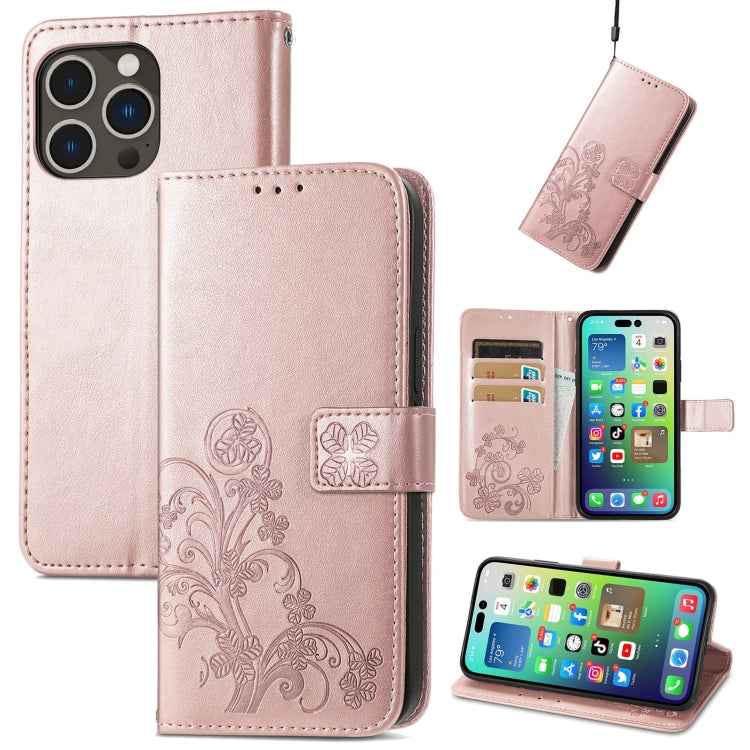 Four-leaf Clasp Embossed Buckle Leather Phone Case, For iPhone 15 Pro Max, For iPhone 15 Pro, For iPhone 15 Plus, For iPhone 15