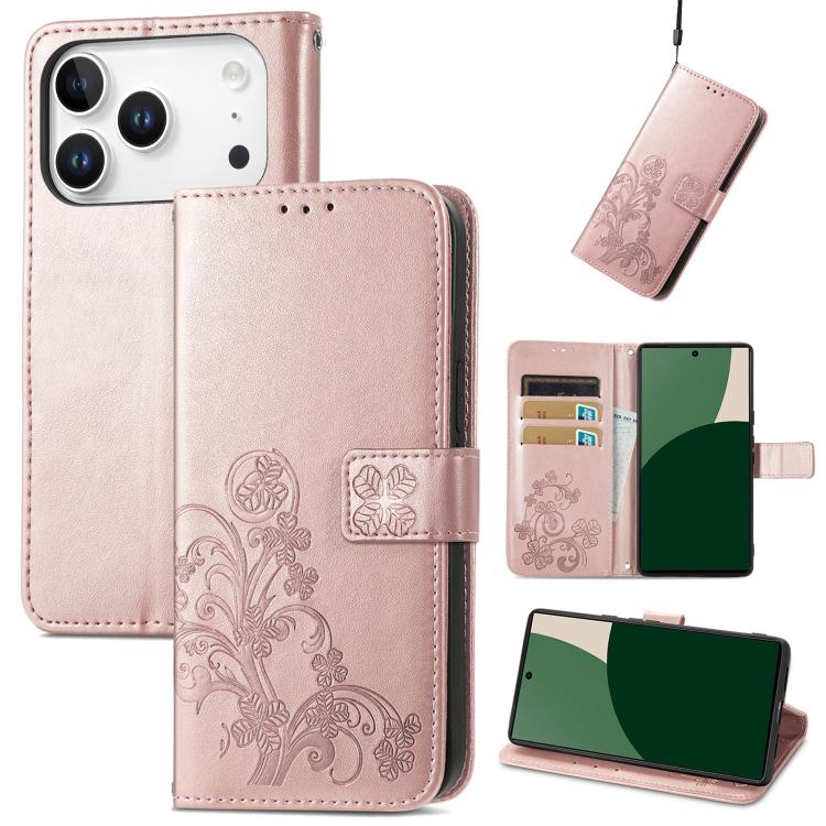 Four-leaf Clasp Embossed Buckle Leather Phone Case, For iPhone 18 Pro, For  iPhone 18 Pro Max, For iPhone 15 Pro Max, For iPhone 15 Pro, For iPhone 15 Plus, For iPhone 15