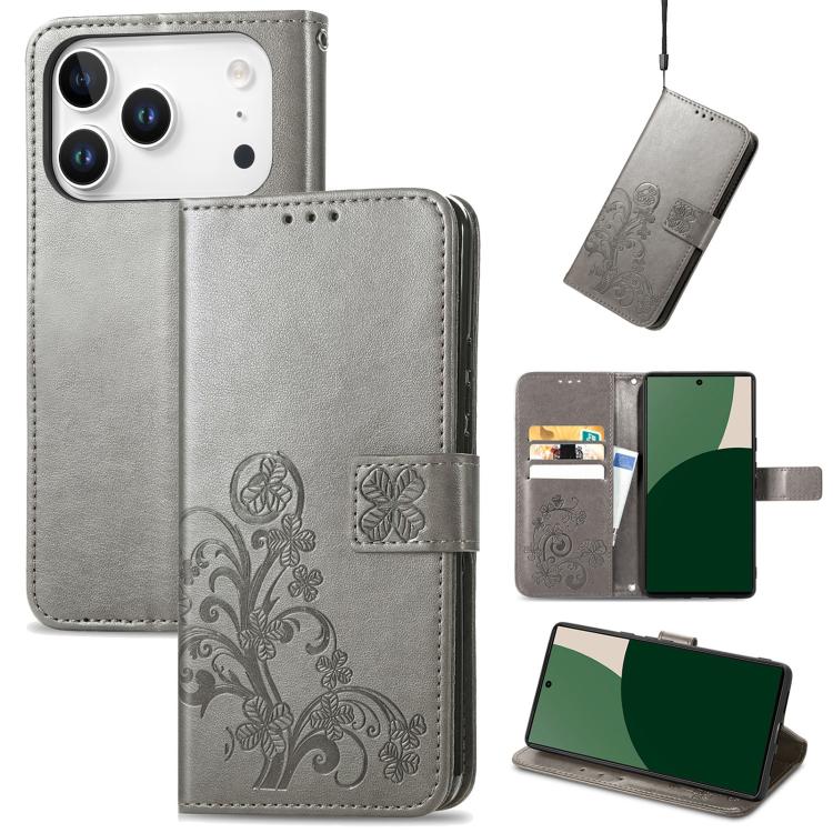 Four-leaf Clasp Embossed Buckle Leather Phone Case, For iPhone 18 Pro, For  iPhone 18 Pro Max, For iPhone 15 Pro Max, For iPhone 15 Pro, For iPhone 15 Plus, For iPhone 15