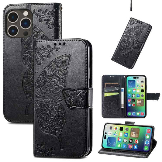 Butterfly Love Flower Embossed Leather Phone Case, For iPhone 15 Pro Max, For iPhone 15 Pro, For iPhone 15 Plus, For iPhone 15