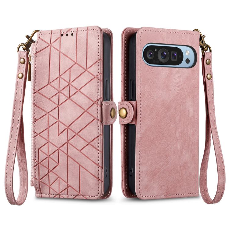 Geometric Zipper Wallet Side Buckle Leather Phone Case, For Google Pixel 9 / 9 Pro