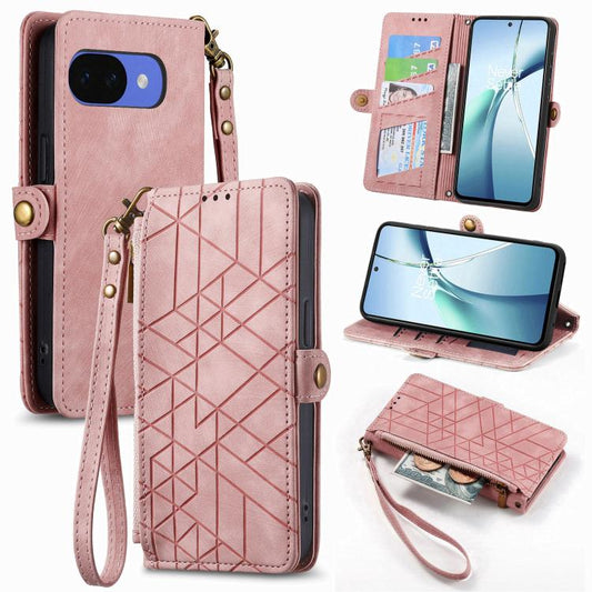 Geometric Zipper Wallet Side Buckle Leather Phone Case, For Google Pixel 10a, For Google Pixel 10 Pro XL, For Google Pixel 9a, For Google Pixel 9 Pro XL, For Google Pixel 8a, For Google Pixel 8 Pro, For Google Pixel 8, For Google Pixel 7a