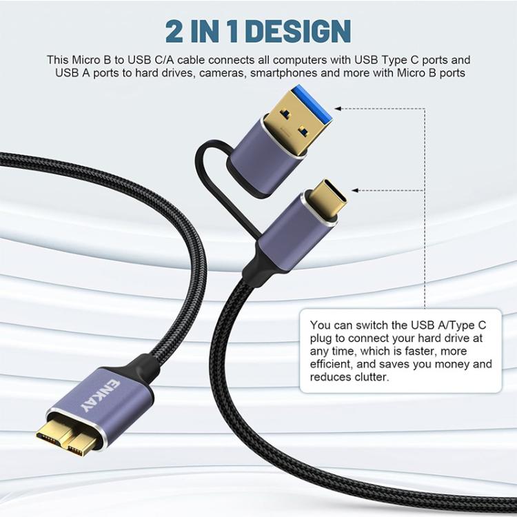 ENKAY 2 in 1 USB 3.0 / Type-C to USB 3.0 Micro-B 5Gbps Data Camera Hard Drive Cable, 0.5m, 1m, 1.5m, 0.25m
