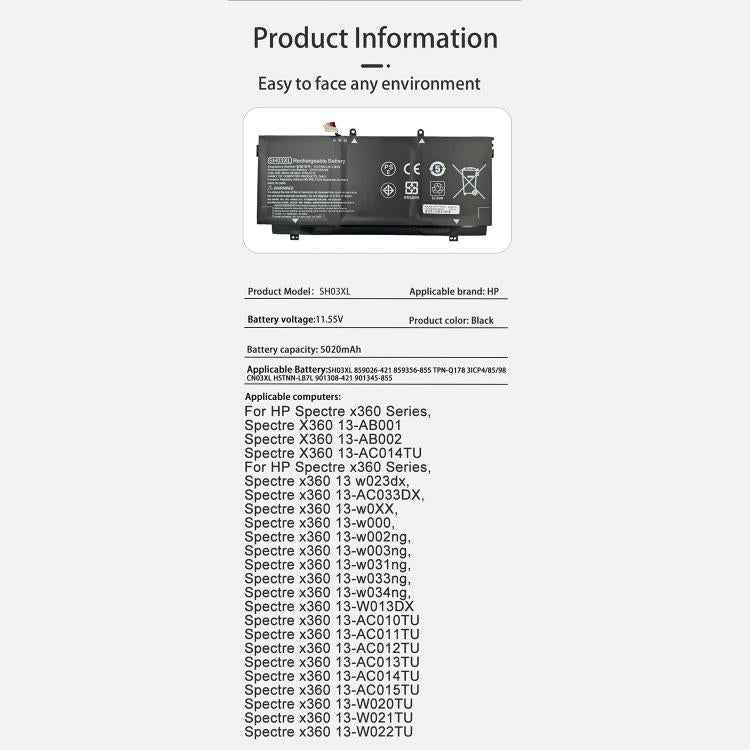 5020mAh Laptop Battery Replacement For HP Spectre x360 TPN-Q178, SH03XL