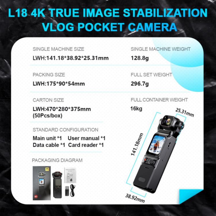 L18 Outdoor Recording Gyroscope Stabilization Camera 1.69 Inch Touch Screen 4K Wireless Action Camera, L18