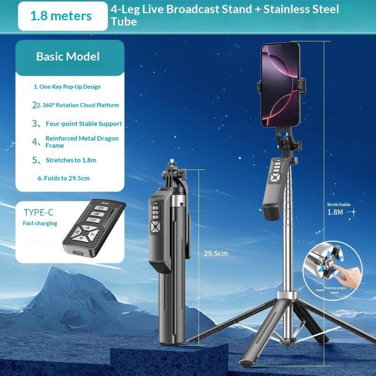 P18TK Anti-Shake Handheld Stabilizer 1.8m Extendable 4-leg Tripod Bluetooth Selfie Stick, P18TK