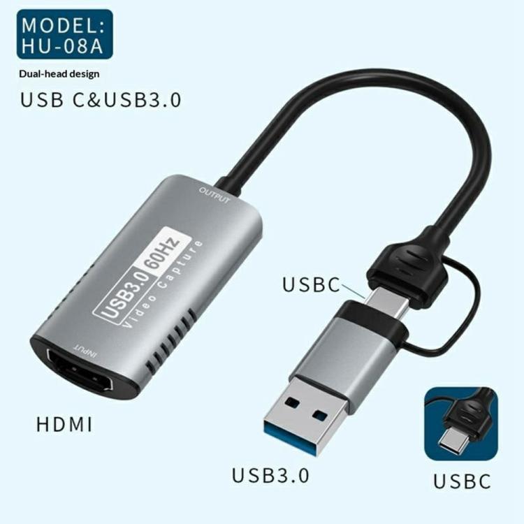 HU-08A 1080P 60Hz HD Capture Adapter HDMI to USB 3.0 / Type-C 2 in 1 Video Capture Card, HU-08A