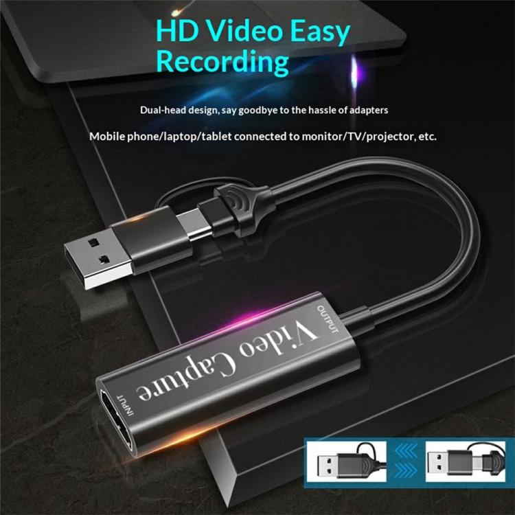 HU-02A Live Streaming Adapter Cable HDMI to USB / Type-C 2 in 1 Video Capture Card, HU-02A