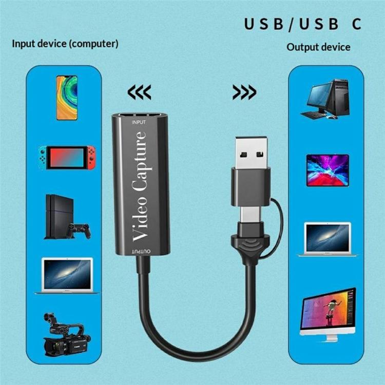 HU-02A Live Streaming Adapter Cable HDMI to USB / Type-C 2 in 1 Video Capture Card, HU-02A