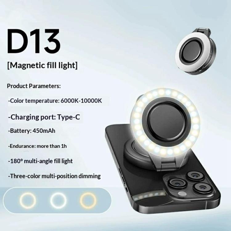 D13 For Phone Portable LED Fill Light 3 Color Modes Photography Magnetic Ring Light