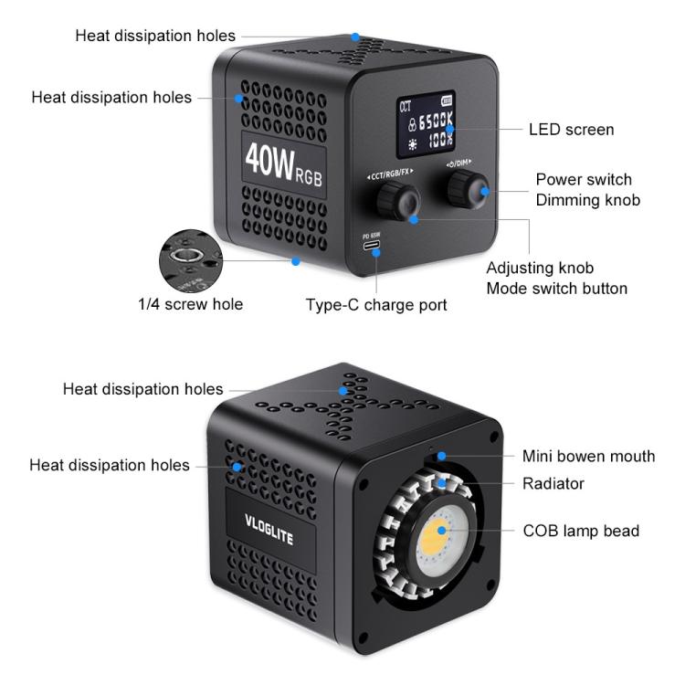 VLOGLITE P40RGB Photography 40W COB RGB Video Light 20 Effects Modes Studio Video Lamp, P40RGB