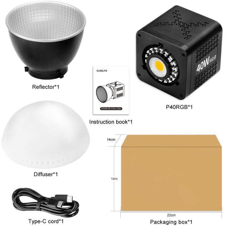 VLOGLITE P40RGB Photography 40W COB RGB Video Light 20 Effects Modes Studio Video Lamp, P40RGB