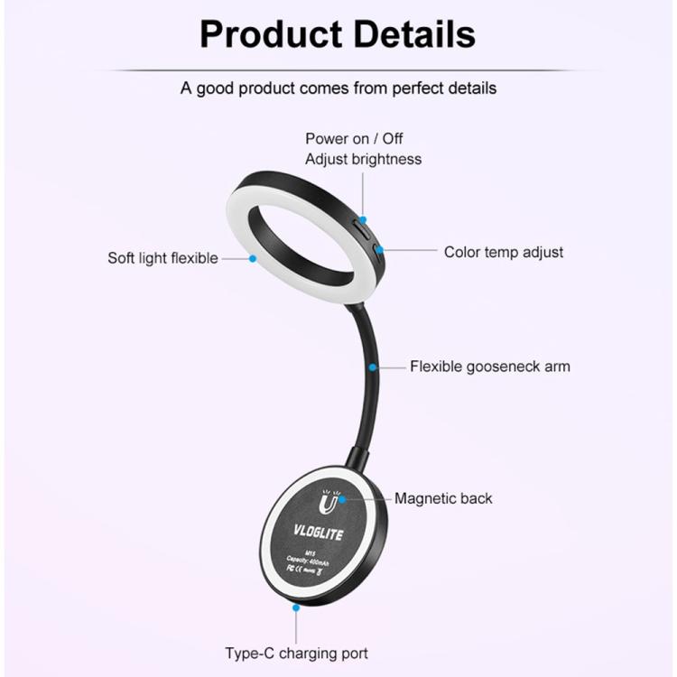 VLOGLITE M15 For Phone Reading Photography Video Lighting Mini Portable Selfie LED Light