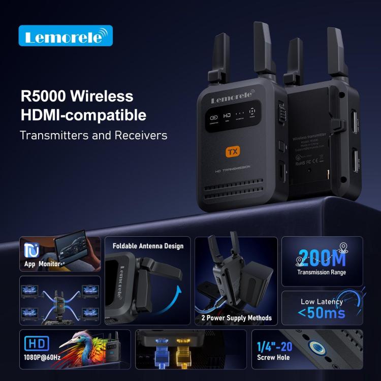 Lemorele R5000 Wireless Video Transmitter 1 In 1 Loop Out 1TX To 4RX 1080P 200M HDMI-compatible Extender, R5000