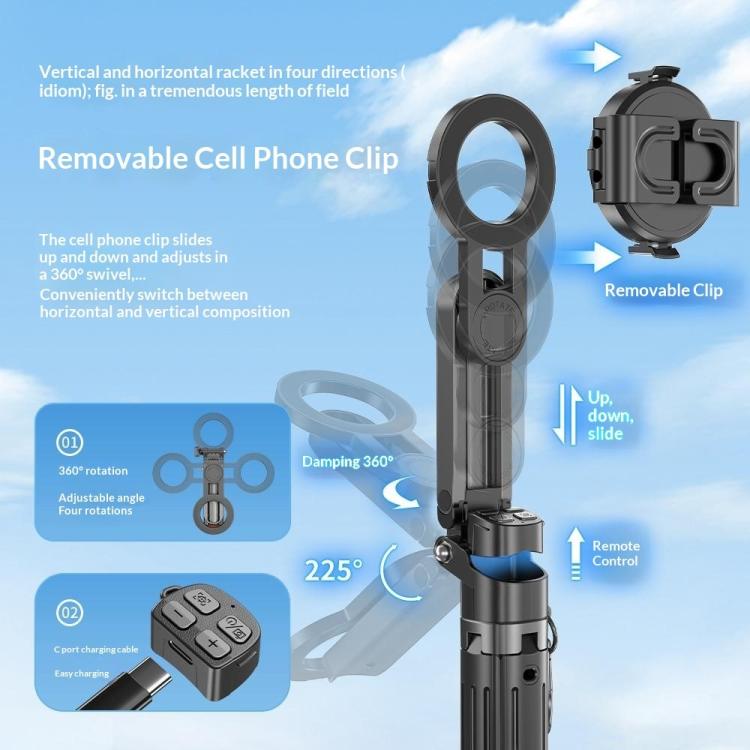 T13Y-C Bluetooth Remote Magnetic Phone Holder Auto Pop-Up Tripod Extendable Selfie Stick, T13Y-C