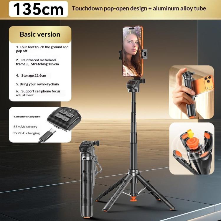 T35 Photography Auto Pop-Up Extendable Tripod Bluetooth Selfie Stick with Remote Control, T35