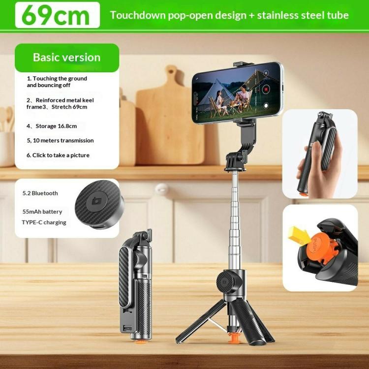 T01S For Live Streaming 3-in-1 Extendable Bluetooth Remote Phone Holder Stand Selfie Stick Tripod, T01S