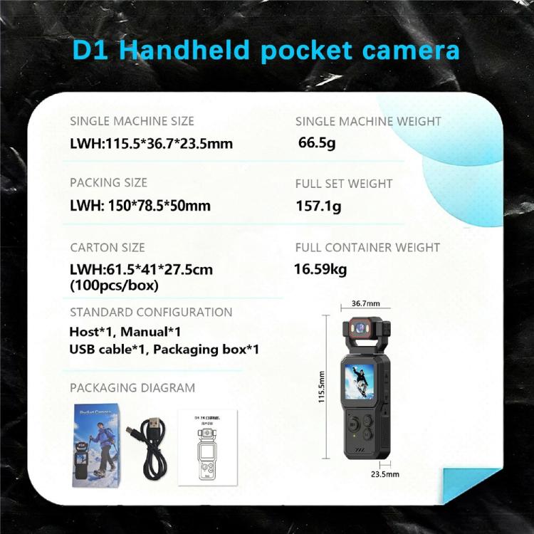 D1 4K HD Recording WiFi Bluetooth Vlogging Camera 1.54 Inch HD Screen Portable Handheld Camera, D1