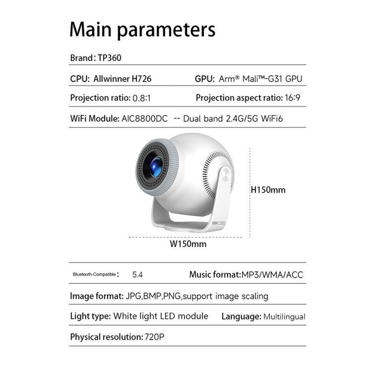 TP360 Android 14 Rotatable Mini Smart Projector Portable Home Theater Projector, US Plug, EU Plug, UK Plug, AU Plug