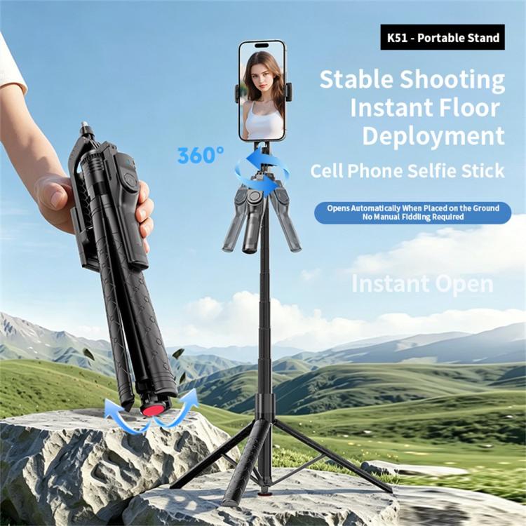 K51 For Live Streaming 185cm Auto-Open Tripod Bluetooth Selfie Stick, K51