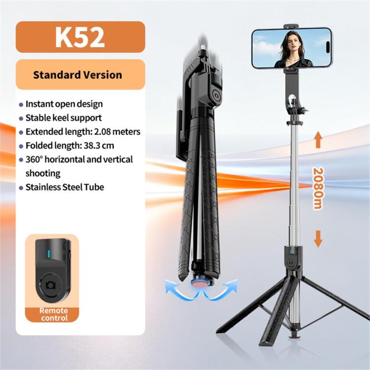 K52 With Bluetooth Remote Outdoor Travel 2.08m Extendable Selfie Stick Tripod, K52