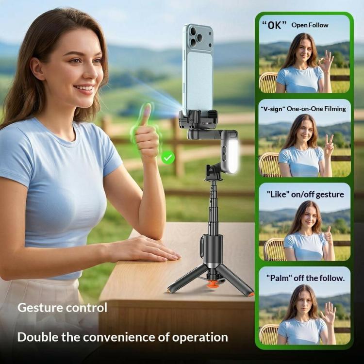 Q51 AI Tracking Selfie Stick Gimbal Stabilizer with RGB Fill Light Gesture Control Tripod for Vlogging Live Streaming, Q51