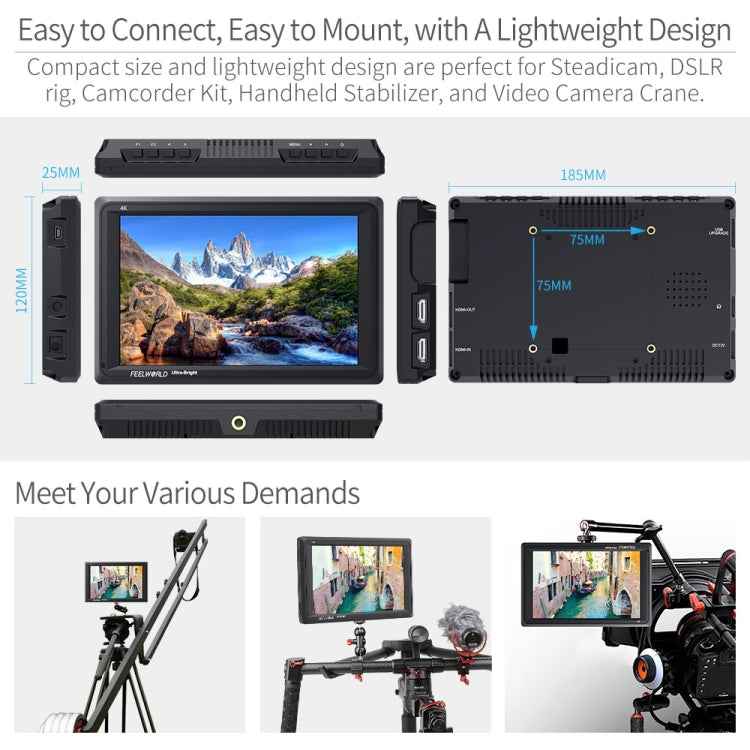FEELWORLD FW279 7 Inch Ultra Bright 2200nit on Camera Field DSLR Monitor Full HD 1920x1200 4K HDMI Input Output High Brightness for DSLR Stabilizer