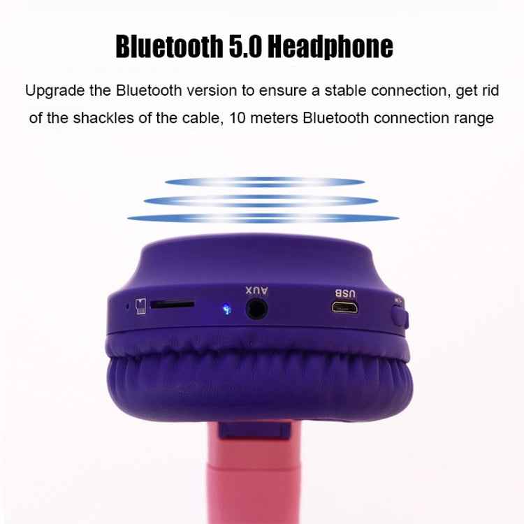 Cute Cat Ear Bluetooth 5.0 Headphones Foldable On-Ear Stereo Wireless Headset Headphone with Mic / LED Light / FM Radio / TF Card