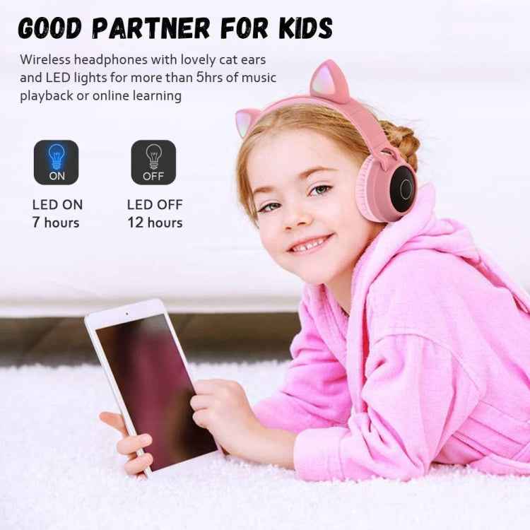 Cute Cat Ear Bluetooth 5.0 Headphones Foldable On-Ear Stereo Wireless Headset Headphone with Mic / LED Light / FM Radio / TF Card