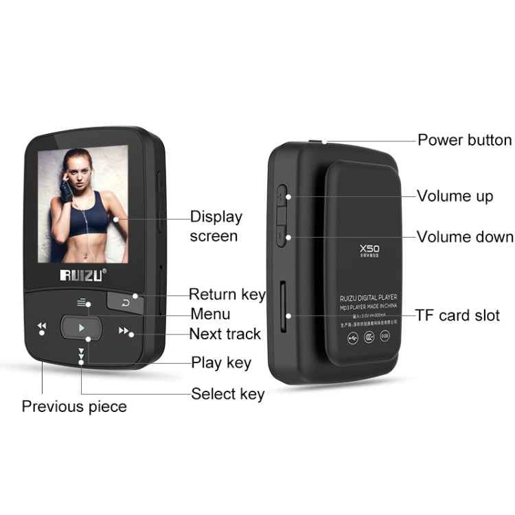 New Arrival Original RUIZU X50 Sport Bluetooth MP3 Player 8gb Clip Mini with Screen Support FM,Recording,E-Book,Clock,Pedometer, 8GB