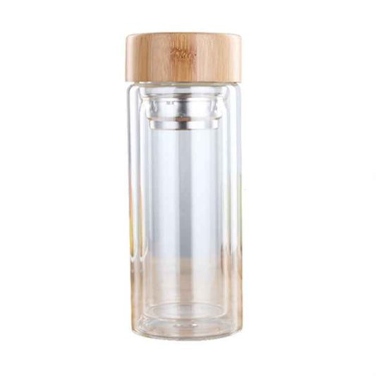 Glass Water Tea Bottles with Infuser Bamboo Lid Double Wall Brief Portable Outdoor Bottle, 350ML, 450ML