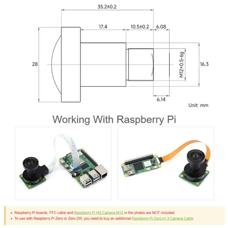 Waveshare WS1603212 For Raspberry Pi M12 High Resolution Lens, 12MP, 160° FOV, 3.2mm Focal Length, 23967, 23967
