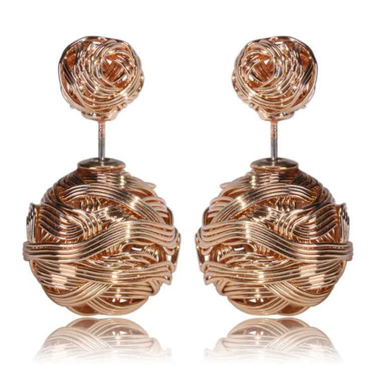 Metal Weaving Double Sides Earrings Woman Vintage Cute Gold Color Stud Earring