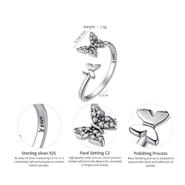 Flying Butterfly S925 Female Sterling Silver Zircon Ring, SCR087