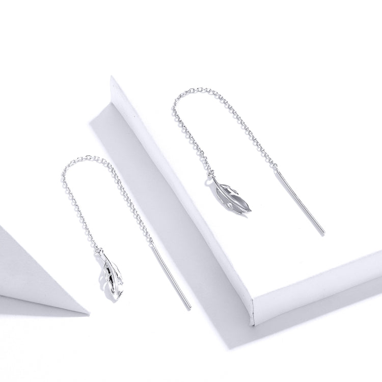 Feather Ear Line Sterling Silver Long Earrings Platinum Plated Simple Girl Earrings