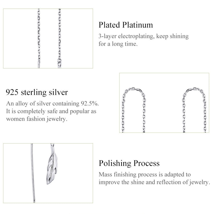 Feather Ear Line Sterling Silver Long Earrings Platinum Plated Simple Girl Earrings