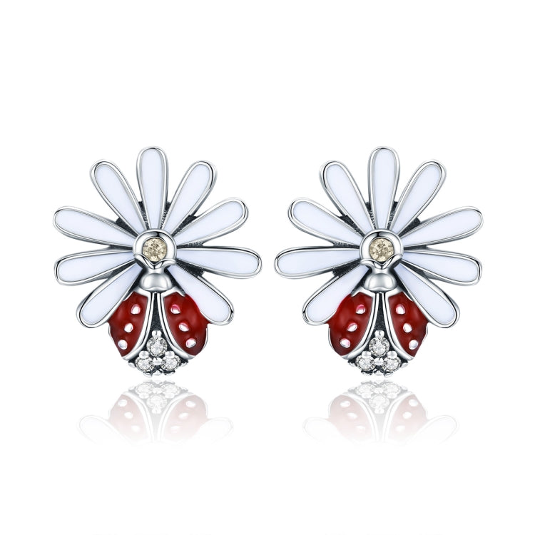 Sterling Silver Ladybug Flower Earrings Drop Oil Diamond Earrings Female Earrings