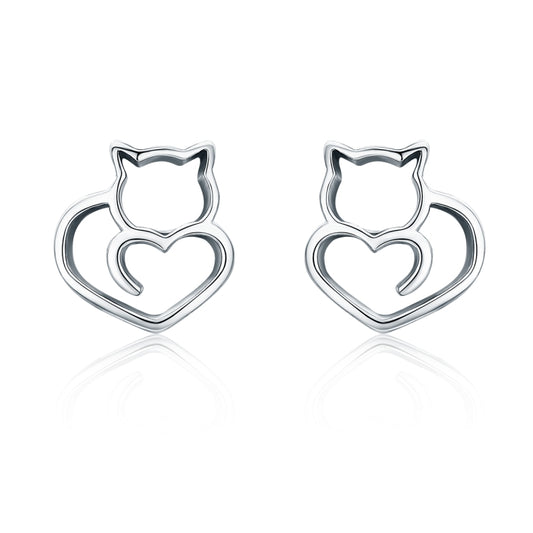 Simple Plain Silver Cat Earrings Sterling Silver Hollow Female Earrings Small Animal Silver Jewelry