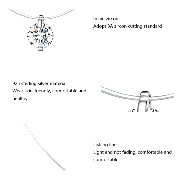 Invisible Fish Line Necklace Zircon Pendant S925 Sterling Silver Necklace