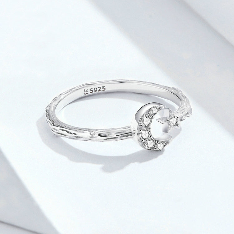 Fashion Retro Open Ring Sterling Silver S925 Star and Moon Platinum Plated Zircon Ring
