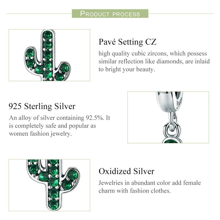 Fresh Cactus DIY Beaded Ladies Bracelet Accessories S925 Sterling Silver Charm, SCC515