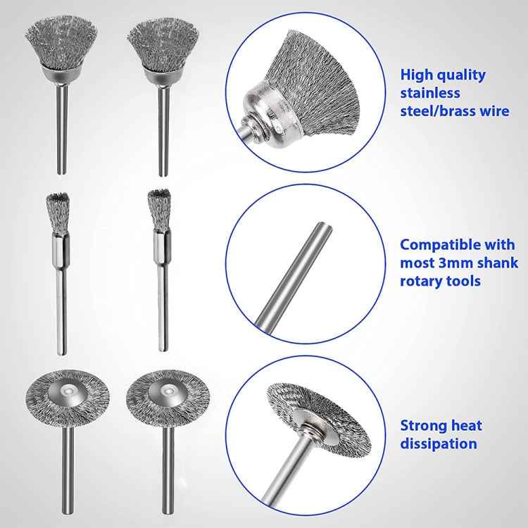 10 PCS Wire Brush Metal Descaling Polishing Brush To Remove Oxide Layer Flat Polishing Brush, Pen Shape 3×5MM, Pen Shape 3×8MM, Bowl Shape3×15MM, Bowl Shape3×25MM, Flat 3×25MM, Flat 3×38MM